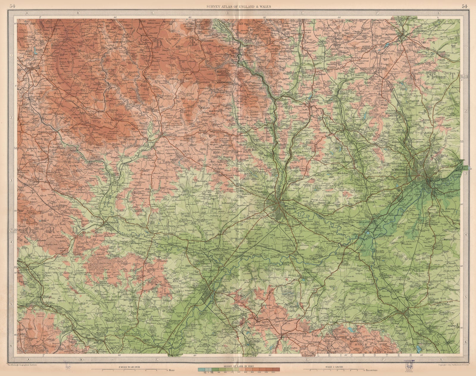 EAST MIDLANDS. Derby Nottingham Burton-on-Trent Peak District. LARGE 1939 map